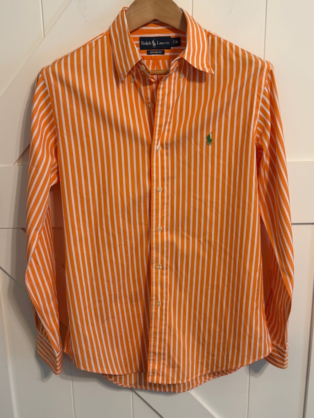 Ralph Lauren Custom Fit Shirt Men M Orange White Stripe Green Pony Button Down